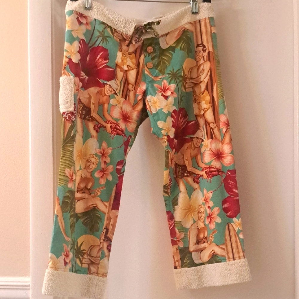 Beach Kimiko Tropical Print Vintage Surfing  Scene Clamdiggers Drawstring Sz S